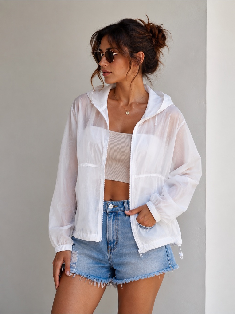Women White Hooded Windbreaker Jacket